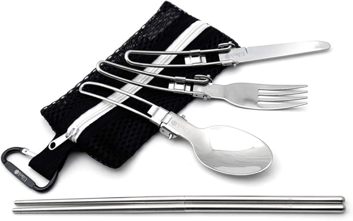 Amazon Co Jp Ujack ユージャック 折りたたみ式 シングル ステンレス カトラリー メッシュタイプ 収納袋 フォーク スプーン ナイフ つなぎ箸 カラビナ 6点 セット スポーツ アウトドア