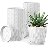 UOUZ 12 Pack 4 Inch Small Plant Pots with Saucers, Waffle Texture Plastic Planters with Drainage Holes for Indoor and Outdoor Plants, Flowers, Herbs, Succulents, and Seedlings, White