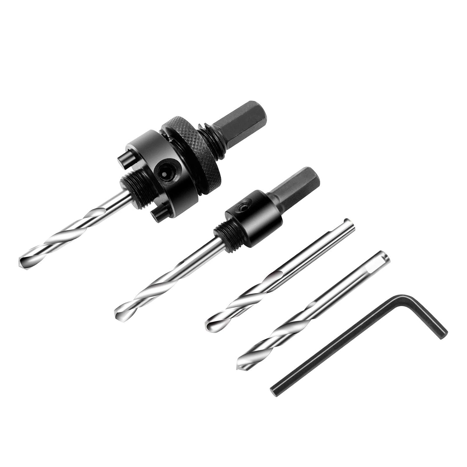5Pcs Hole Saw Arbor set ,Hole Saw Heavy Duty Mandrel 1/4" Hex Shank,Quick Change Mandrel with 2Pcs 74mm High Grade Pilot Drill Bits Replacement,Rugged Steel Construction with 2 Locking Pins