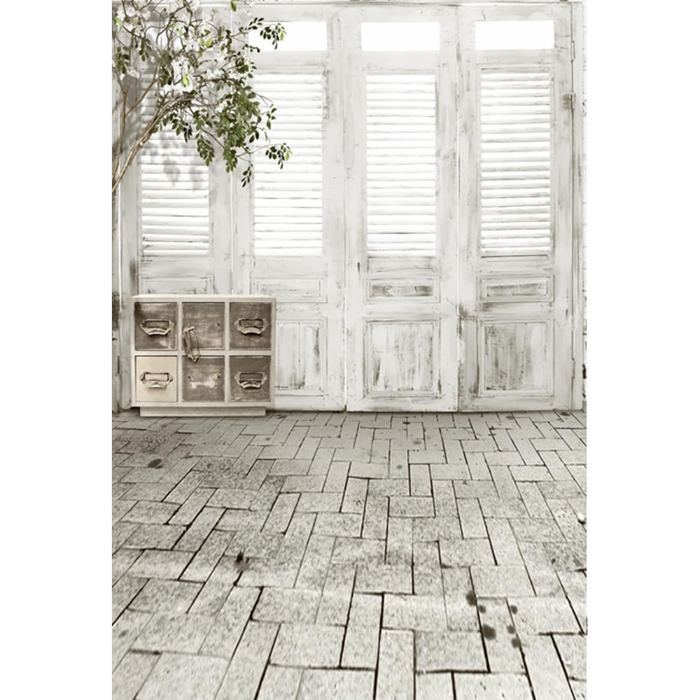 YongFoto 2x3m Vinyl Photography Backdrop Wooden Window Gate White and Black Style Stone Brick Floor Photo Background Backdrops Photography Photo Shoots Party Kids Personal Portrait Photo Studio Props