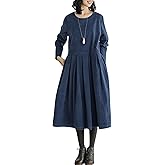 chouyatou Women's Fall Babydoll Corduroy Dress Long Sleeve Pleated Pullover Midi Dresses with Pockets
