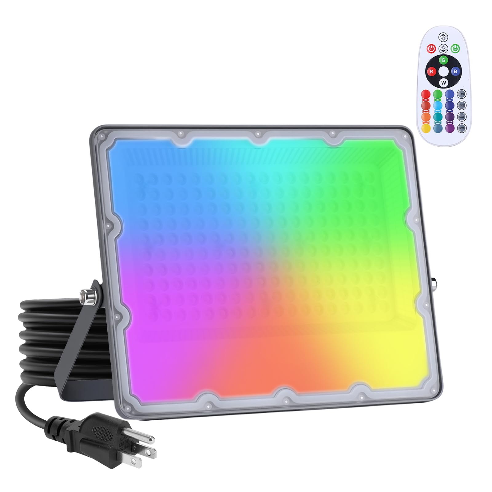 Photo 1 of RGB LED Flood Light 150W Equivalent – 60W Plug-in Outdoor Color-Changing Spotlight with Remote, 4 Modes, 8-Level Dimming, IP65 Waterproof for Garden, Landscape, Wall Wash