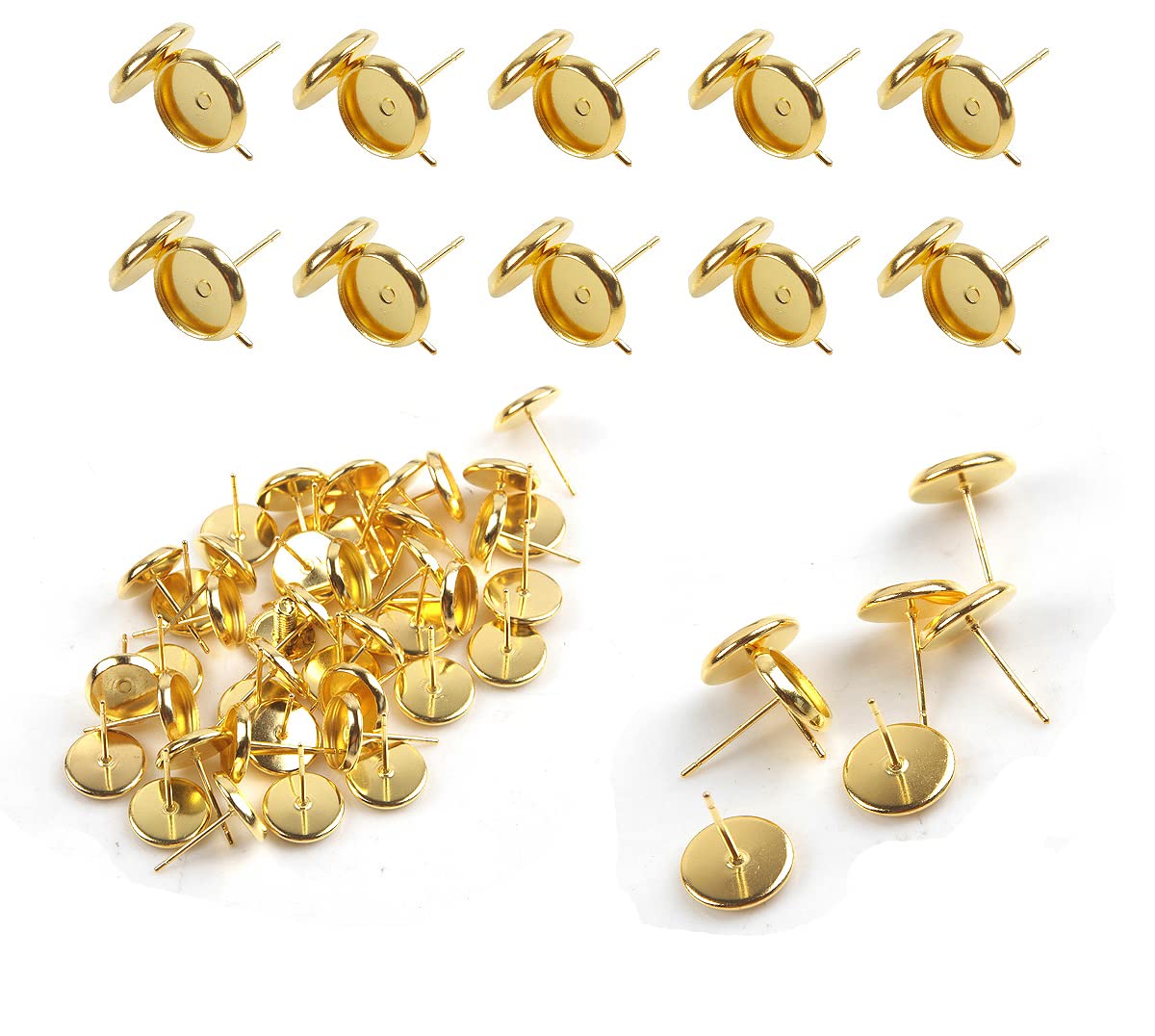 10pcs Stud Earrings with Setting 8-10-12mm Gold Colour Brass Metal Blank Earrings DIY Jewellery Making (12mm)
