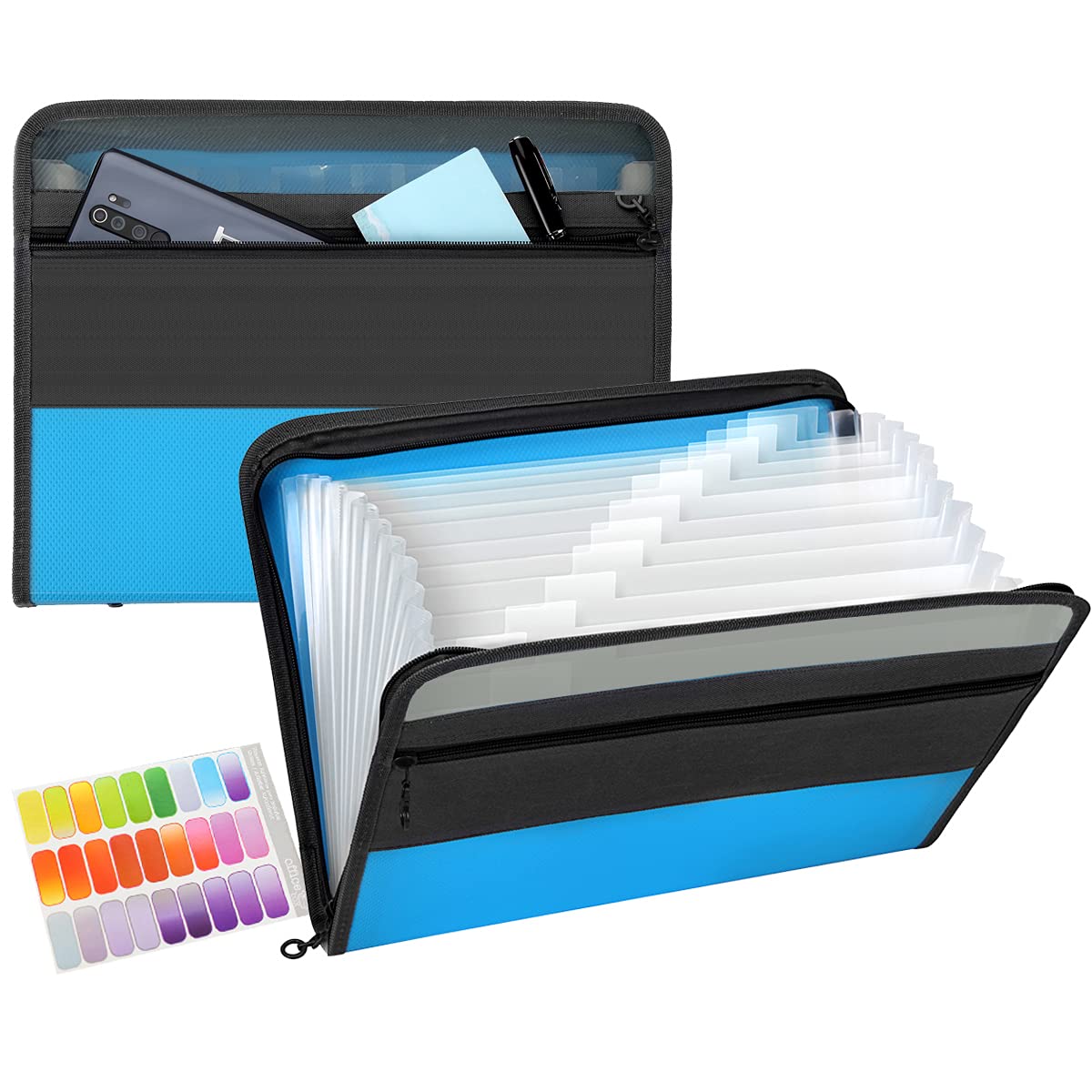 TRANBO 13 Pockets A4 Expanding File Folder, Zipper Closure Concertina Document Wallet, Paperwork Organizer with Handy Front Pocket for Personal Office Stationary - Blue