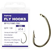 Eupheng Fly Fishing Hooks 100pc Pack Micro Barbed High Carbon Steel Bronze Forged for Dry Flies, Curved Nymphs, Shrimp,Caddis Pupa