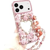 Changjia for iPhone 17 Pro Glitter Bling Case, Cute 3D Sparkle Heart Makeup Mirror Crystal Rhinestones Flowers Diamond Gems Pearl with Lanyard Wrist Strap Women Girls Case for iPhone 17 Pro 6.3", Pink