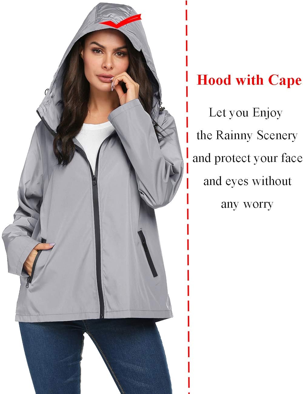 Gray,L Active Raincoat,Women Light Watertight Solid Rain Jacket Pouch