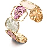 LUREME Gold Rose Cuff Bracelet for Women - Open-End Colorful Enamel Flower Stretch Bangle, Adjustable Vintage Jewelry (bl003607)