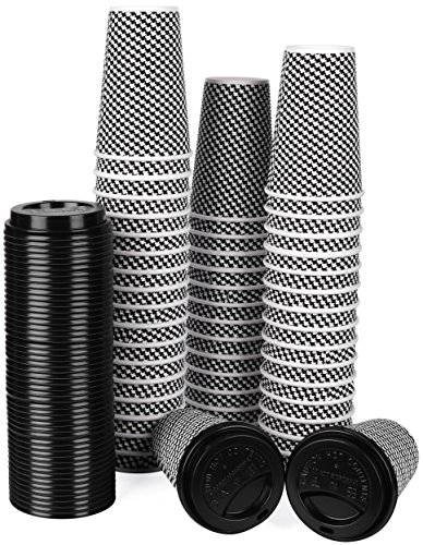 Disposable Hot Coffee Insulated Cups By Golden Spoon – 50 Pack Set Complete With Lids – Stylish Contemporary Ripple Design - Perfect For Take Away Coffee Shops And Bars (16 oz, Checkered Design)