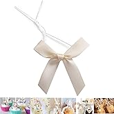 GUIFIER 50 PCS 3 Inches Ribbon Twist Tie Bows for Treat Bags, Satin Bow Twist Ties, Pretied Bows, Twist Bows, Tied Bows with Wire, Pre Tied Ribbon Bows for Baby Shower, Favors, Popcorn(Ivory White)