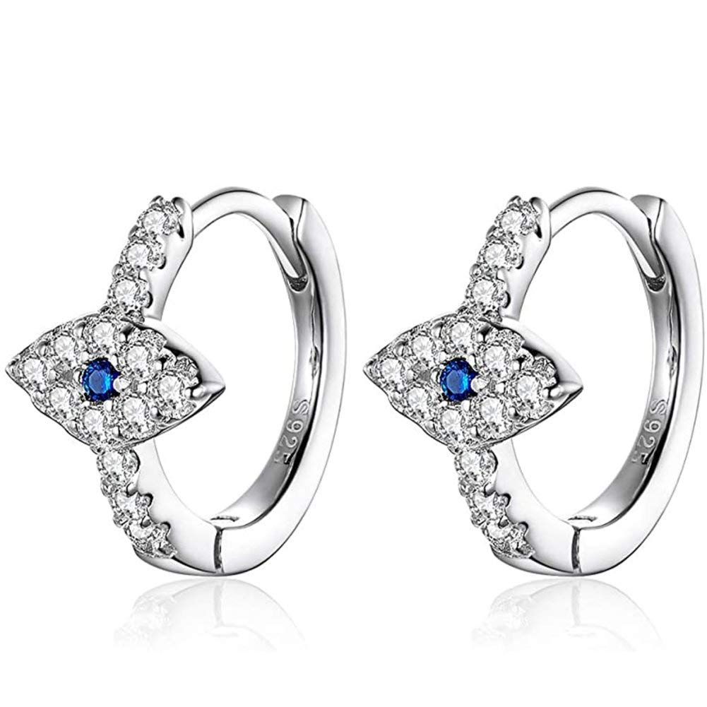 Blue Crystal Evil Eye Tiny Round Hoop Earrings Sterling Silver 14k Gold Plated Dainty CZ Small Cartilage Huggie Endless Hoops for Women Girls (Silver)