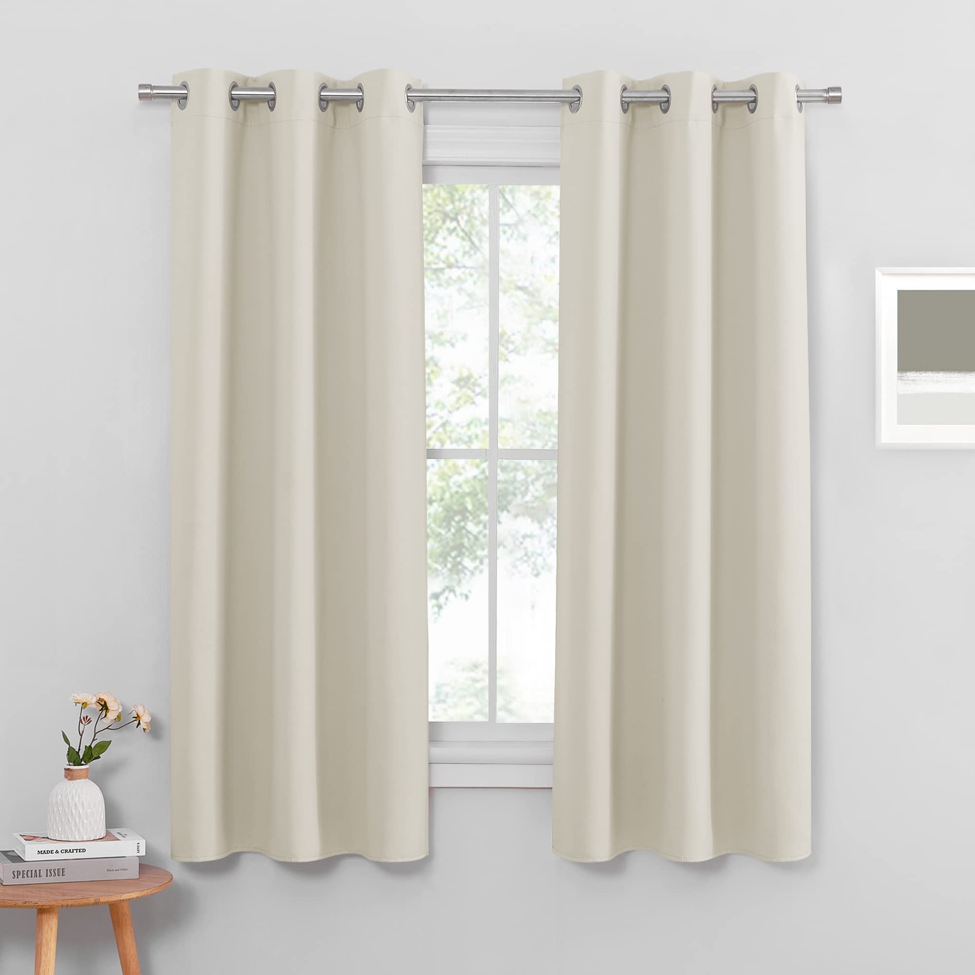 PONY DANCE Beige Bedroom Curtains for Home Decoration - Thermal Insulated Super Soft Cream Curtains with Eyelet Soundsproof Privacy Window Drapes for Living Room, 42 x 63 Inches, Light Beige, 2 Panels