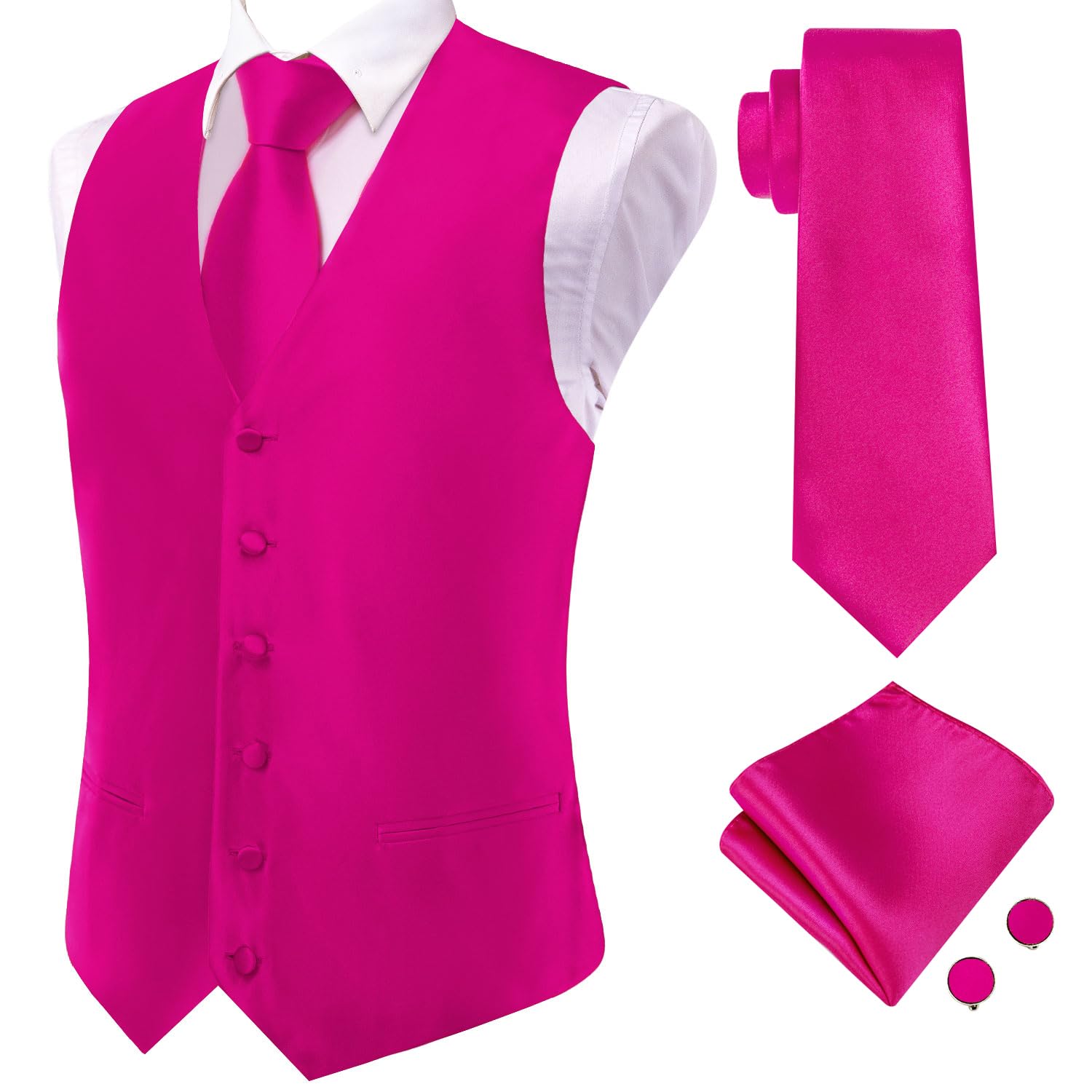 Hi-Tie Hot Pink Mens Silk Vest Set with Tie Pocket Square Jacquard Formal Dress Waistcoat for Tuxedo Wedding Party Business Mardi Gras Image