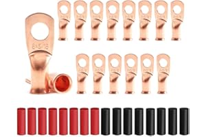 JOYPXF 16Pcs Battery Cable Ends 6 AWG 5/16" Stud Copper Ring Terminals Wire Lugs with 16Pcs Heat Shrink Tubing 6 Gauge Battery Cable Lugs Heavy Duty Cable Lugs Bare Copper Eyelets Tubular Ring Terminal