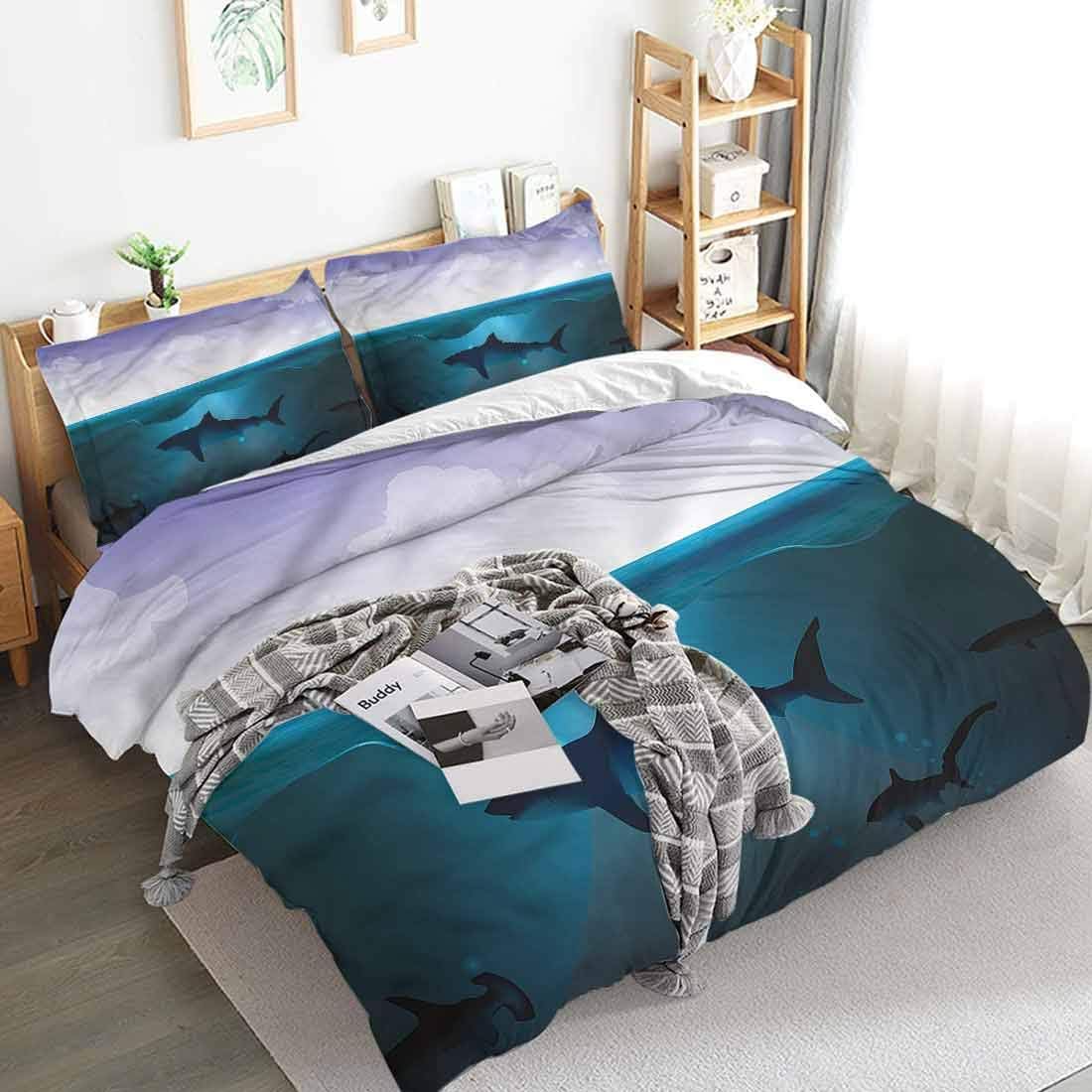 Mozenou Extra Large Duvet Cover Underwater Wild Sharks in Sea 100% Polyester Bedding, 1 Duvet Cover and 2 Pillowcases, Zip Closure 104x89 inch