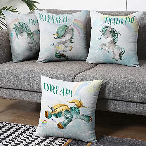 Throw Pillow Covers,Teal Unicorn Pillowcase,Decorative Pillows,Outdoor Pillow Covers, Pillow Covers 18x18,Throw Pillows,Couch Pillows,Unicorn Pillows,Unicorn Decor for Girls Room,Bed Gifts Set of 4
