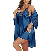 Women's Silk Pajama Sets Satin Robe with Nightgown 2 Piece Sleepwear Sexy Lace Cami Nightwear Kimono Bridesmaid Robes