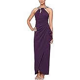 S.L. Fashions Womens Long Cocktail Dress with Embellished Halter Neckline, Wedding Guest, Party (Petite and Regular Sizes)