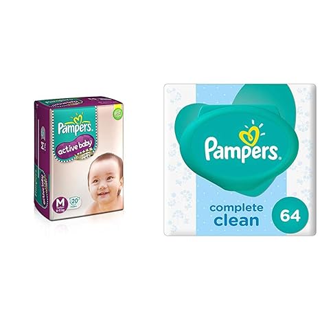 Pampers Active Baby Medium Size Diapers (20 Count) & Pampers Fresh Clean Baby Wipes (64 Count)