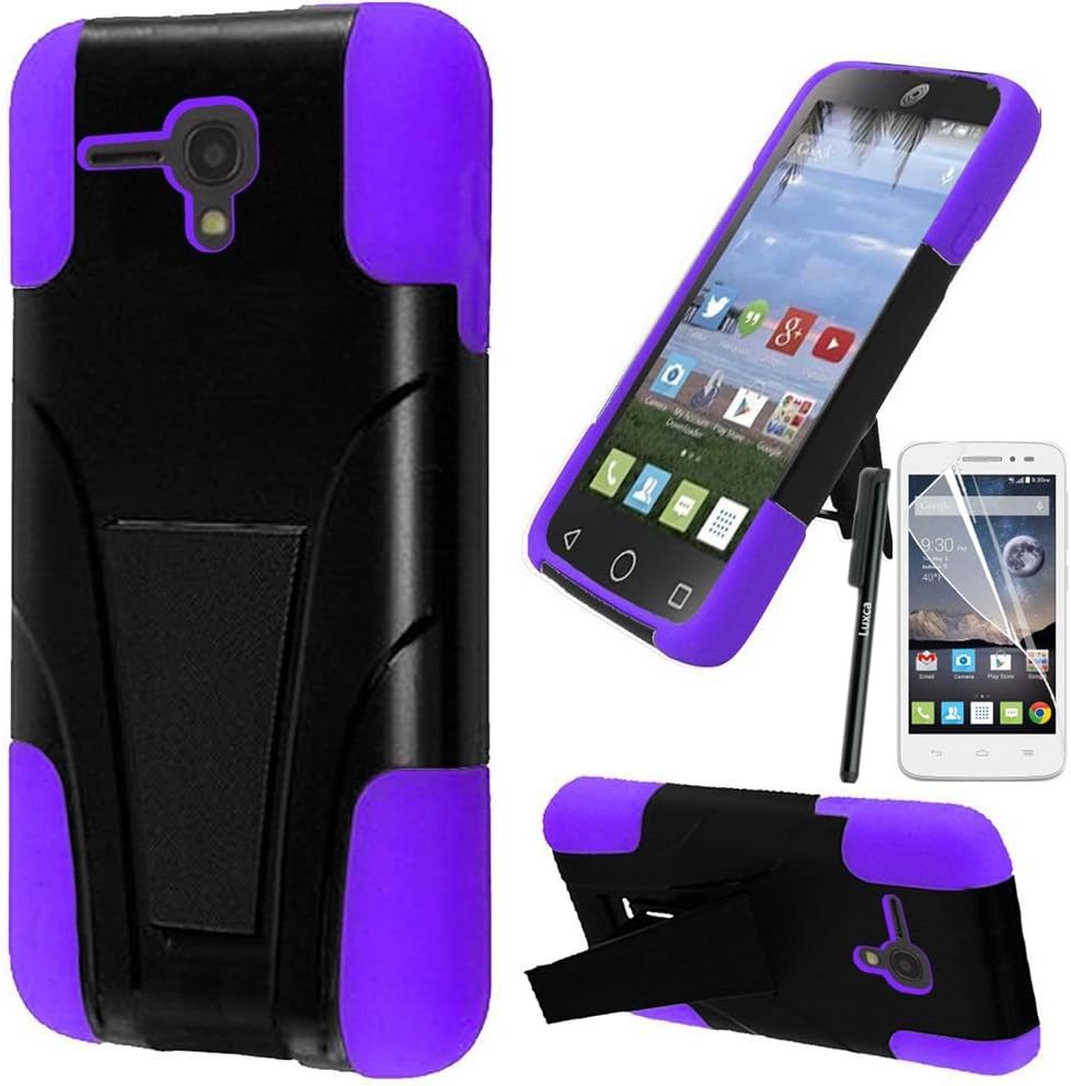 Alcatel OneTouch Pop Star 2 LTE Case / Alcatel Pop Nove LTE Phone Case, Luxca (Tm) Alcatel One Touch Pop Star 2 LTE / Alcatel OneTouch Pop Star 2 LTE / Alcatel Pop Nova LTE (Straight Talk) Hybrid Heavy Duty Rugged Impact Advanced Armor Soft Silicone Cover Hard Snap On Case with Kickstand Tuff Symbiosis + Clear LCD Screen Protector + Luxca (Tm) Stylus Pen (Purple / Black Y Stand)