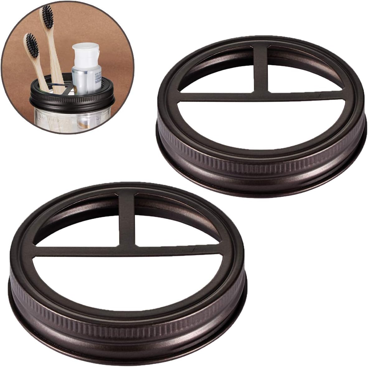 [Wide Mouth] Mason Jar Toothbrush Holder Lid - Rustproof 304 Stainless Steel - for Ball Mason Jar or Any Pint. Jar - Farmhouse Decor Bronze Bathroom Accessories Set/Bronze,2-Pack (Jars not Included)