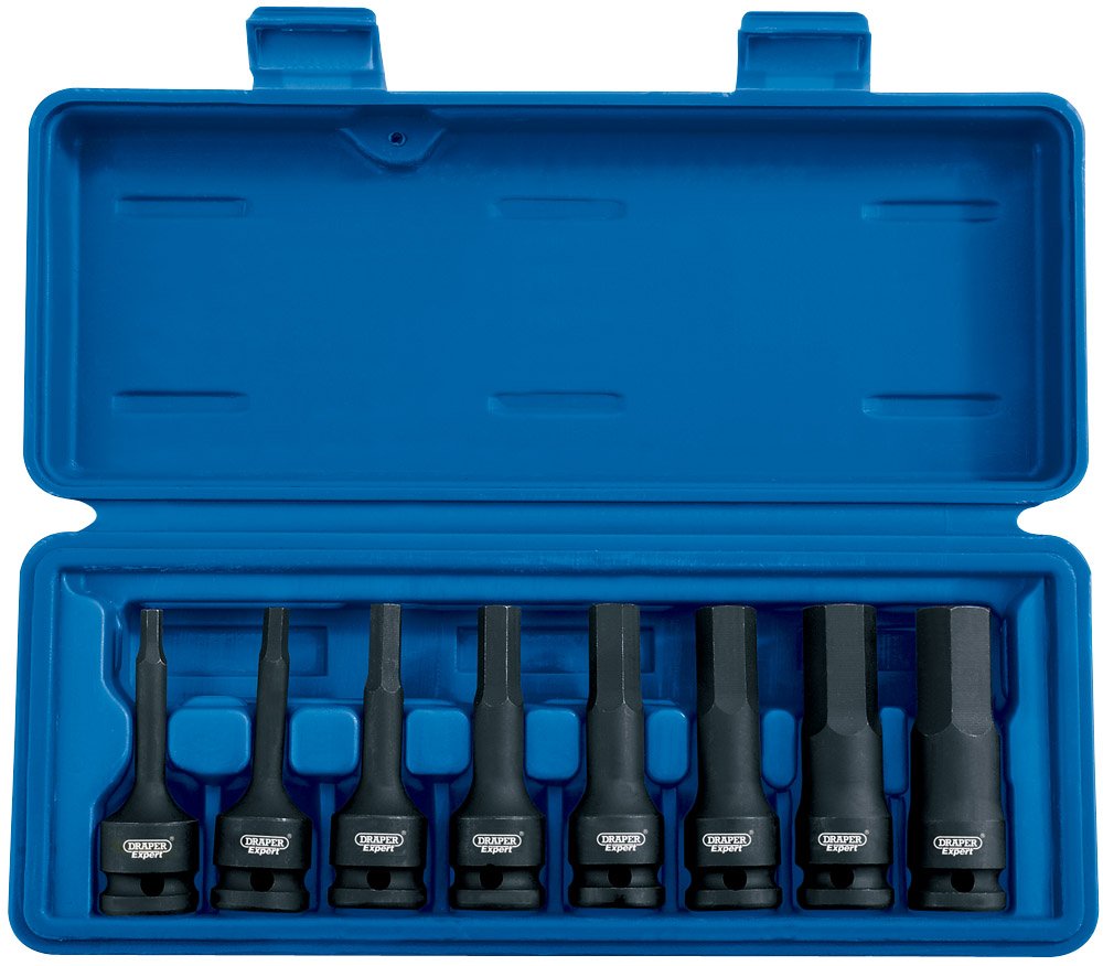 Draper 26439 Expert Impact Hexagonal Socket Bit Set, 1/2" Square Drive, 5mm-19mm, 78mm Long, 8 Pieces , Blue