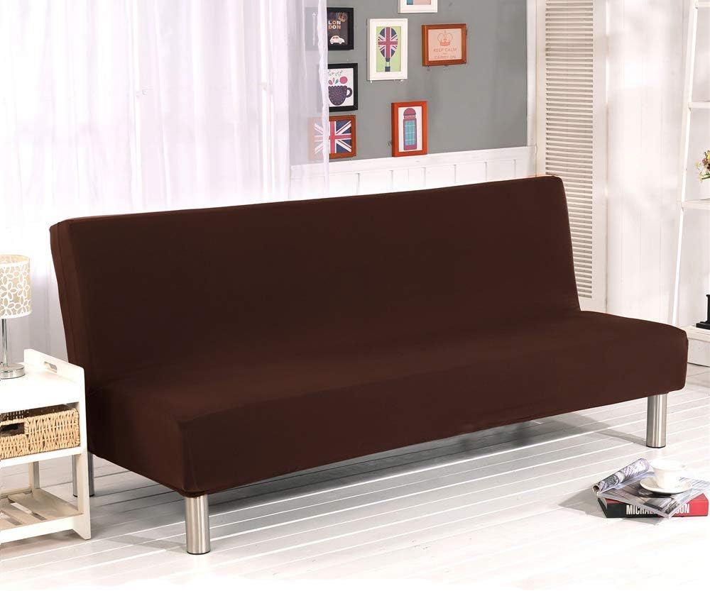 Armless Sofa Slipcover,Hengweiuk Solid Colour 3 Seater Sofa Bed Covers Modern Stretch Polyester Spandex Futon Slipcover Protector Folding Couch Sofa Shield Futon Cover (Coffee)