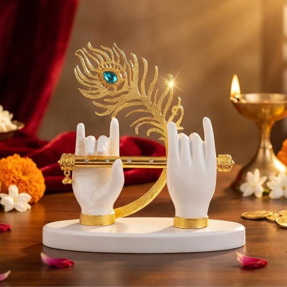 House Of Wemy Lord Krishna Hand Idol with Flute for Home Decor | God Statue for Pooja Room Decoration & Gifting - 7 X 7 Inches White