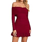 XinFSh Women's Sexy Off The Shoulder Bodycon Mini Dress Fall Long Sleeve Ruffle Ruched Short Party Club Dresses