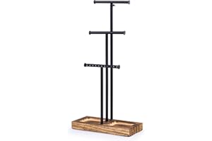 Love-KANKEI Jewelry Organizer Stand Metal & Wood Base and Large Storage Necklaces Bracelets Earrings Holder Organizer Gift Black and Carbonized Black