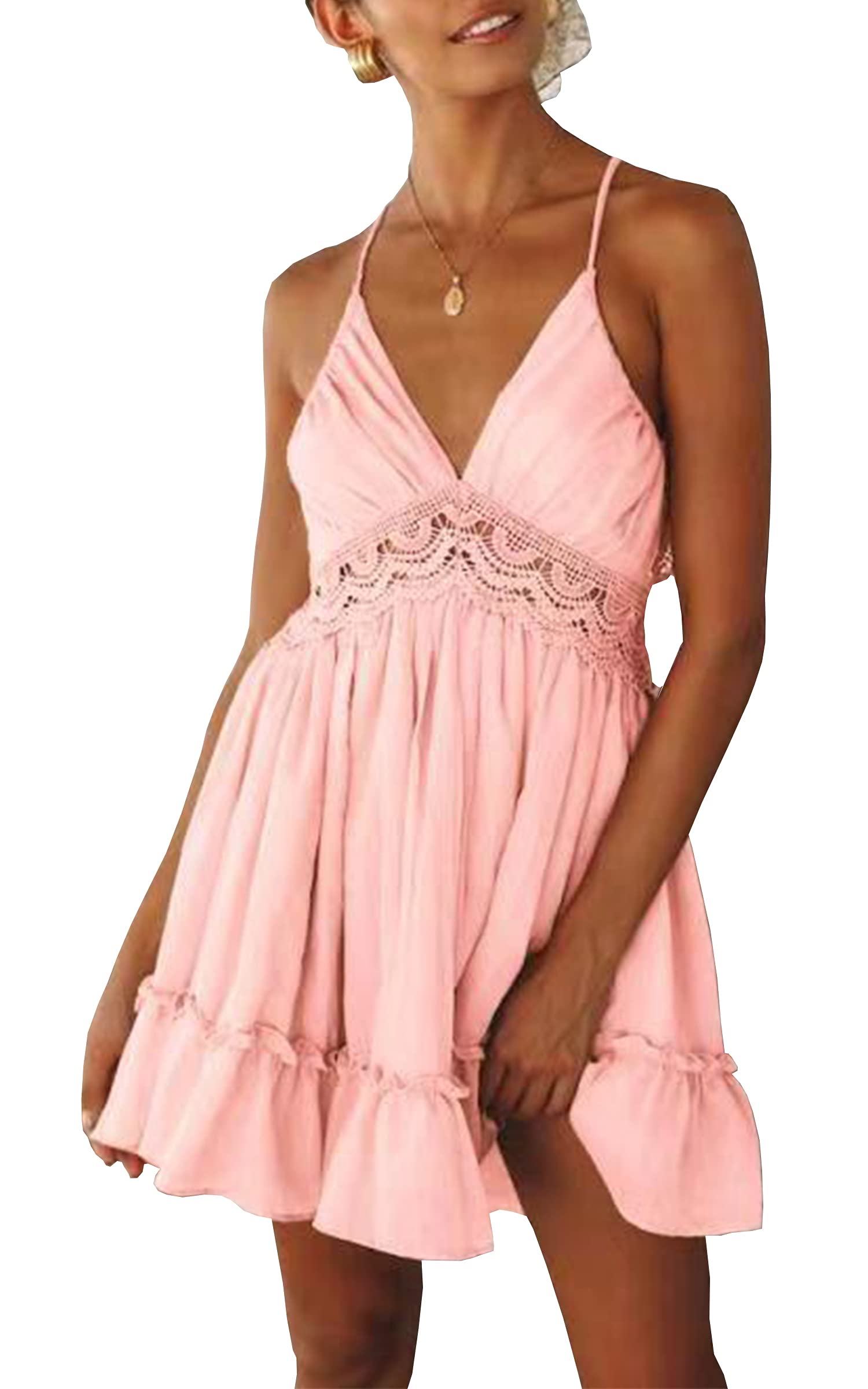 Photo 1 of ECOWISH Womens V-Neck Spaghetti Strap Bowknot Backless Sleeveless Lace Mini Swing Skater Dress Pink XL