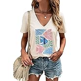 Women's T-Shirts V-Neck Flowers Tee Funny Summer Vacations Beaches Graphic Shirts Short Sleeve T Shirt