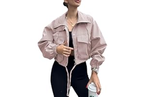 Tankaneo Womens Cropped Jacket Zip Up Lightweight Oversized Utility Anorak Coat with Pockets