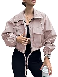 Tankaneo Womens Cropped Jacket Zip Up Lightweight