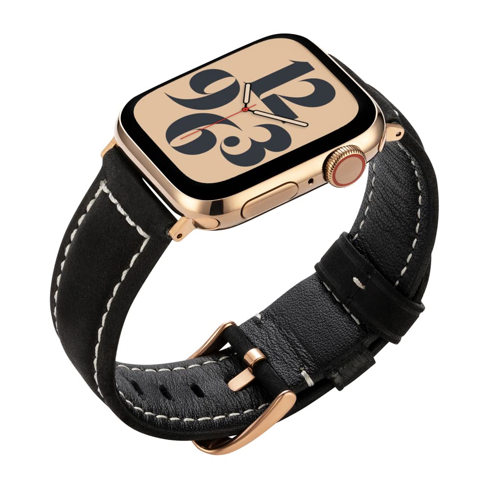 Buckle & Band Mila Suede Leather Compatible Apple Watch Strap Black Genuine Leather Suede Band with Gold Buckle for Series 1, 2, 3, 4, 5, 6, 7 38mm, 40mm, 41mm