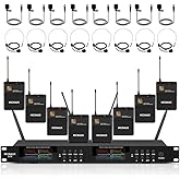 MICNAUX Lapel Wireless Microphone System with Headset & Lavalier Mics, Pro 8 Channel UHF Mics Set with Bodypack Transmitter & Metal Receiver, 200 Adjustable Frequency, 300ft Range for Church, Party
