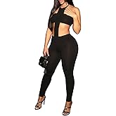 Kafiloe Sexy 2 Piece Club Outfits for Women Clubwear Tube Crop Top Halter Cut Out Bodycon Jumpsuits Set Birthday