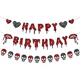 FHGG Red Glitter Halloween Birthday Banner Black Heart Skull Garland Happy Birthday Decorations for Halloween Party Theme Baby Shower Supplies