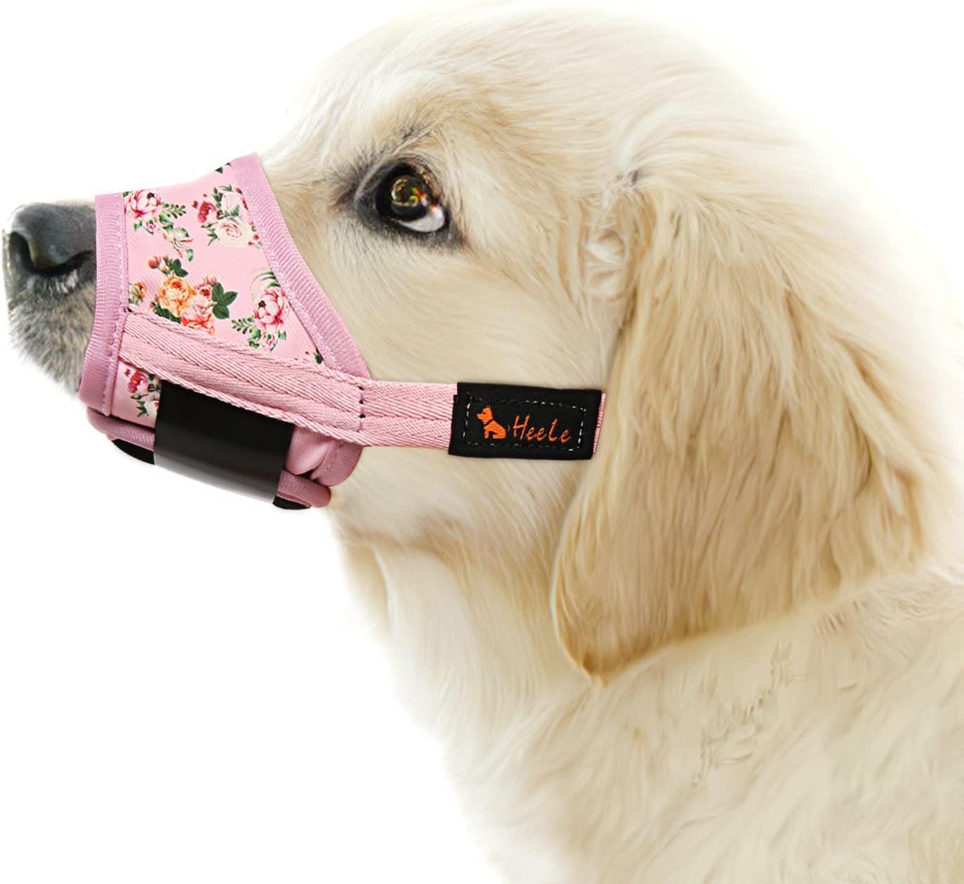HEELE Dog Muzzle, Soft Nylon Breathable Muzzle with Vivid Prints & Adjustable Velcro Smooth Pad Comfy Muzzles for Puppy Small Medium Large Dogs, Stop Biting Barking and Chewing, Pink Flower, M