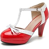Womens T-Strap Mary Janes Platform Bow Heels Lolita Shoes Round Toe Ankle Strap Vintage 1950 Dress Shoes Oxfords Pumps