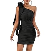 Floerns Women's 3D Floral One Shoulder Mini Cocktail Dress Ruched Sleeveless Party Night Out Club Bodycon Dresses