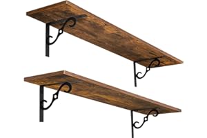 DINZI LVJ Long Wall Shelves, 31.5 Inch Large Floating Shelves Set of 2, Wide Display Shelf Wall Mounted with Brackets, Easy Hanging for Living Room, Toilet, Office, Bedroom, Rustic Brown