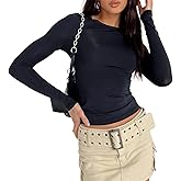 Women's Slim Fit Going Out Crop Tops Casual Solid Color Crew Neck Long Sleeve Tight Tee Shirt Basic Streetwear Black