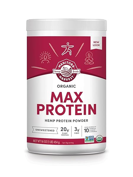 MANITOBA HARVEST HEMP YEAH ORGANIC MAX PROTEIN POWDER, UNSWEETENED, 16OZ, WITH 20G PROTEIN AND 4.5G OMEGAS 3&6 PER SERVING, KETO-FRIENDLY, PRESERVATIVE FREE, NON-GMO, PACKAGING MAY VARY