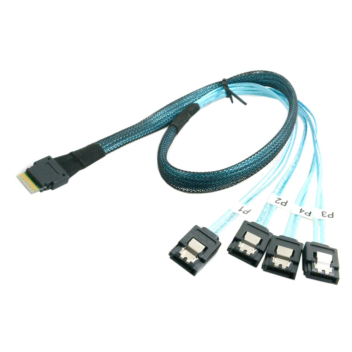 cablecc Slim Line SAS 4.0 SFF-8654 4i 38pin Host to 4 SATA 7pin Target Hard Disk Fanout Raid Cable 50cm