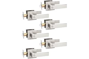 Tinewa 6 Pack Privacy Square Brushed Nickel Door Handles Interior, Keyless Door Knobs for Bedroom/Bathroom, Reversible for Left Right Handed Doors