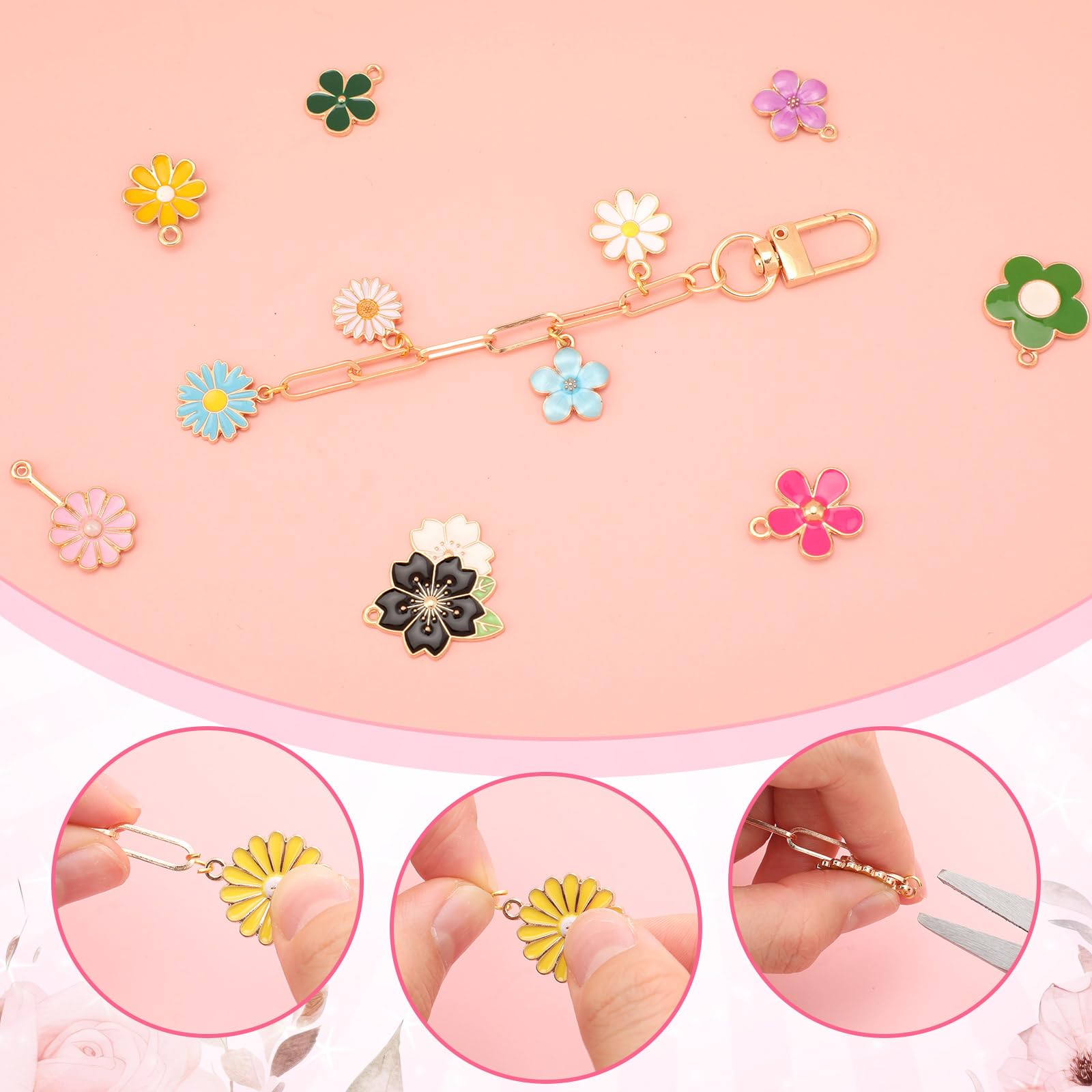 Tondiamo 286 Pieces DIY Keychain Making Kit Charm Jewelry Chain Making Crafts with 120 Charms 20 Keychain Clips 120 Jump Rings 25 Extender Chain and Plier for Women Bag Gift(Flower)