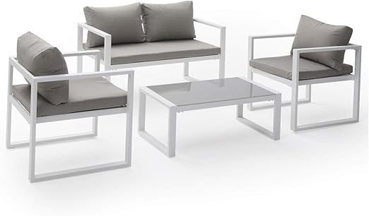 Salon De Jardin Ibiza En Tissu Gris 4 Places Aluminium Blanc