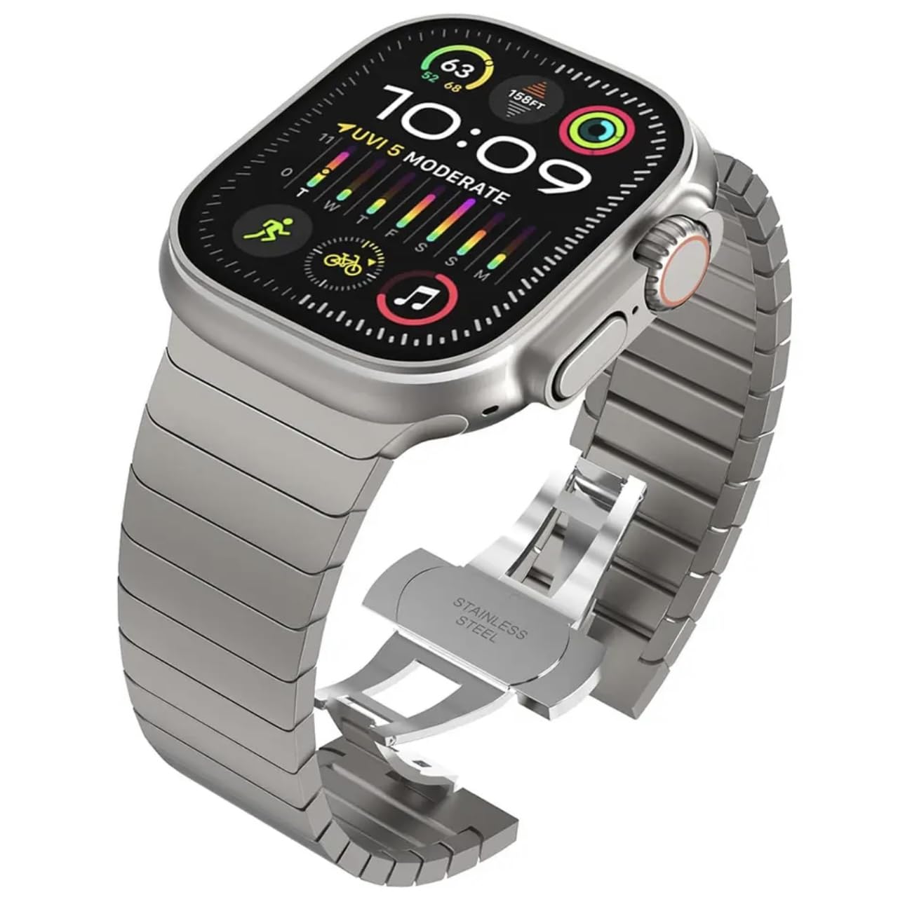 Stainless steel metal link bracelet compatible with Apple Watch Ultra 49mm 45mm 44mm 42mm 41mm 40mm black silver men women strap for iWatch Series 9 8 7 SE 6 5 (42/44/45/49mm, titanium)