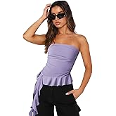 Women Strapless Tops Ruffled Asymmetrical Hem Tube Tops Ruched Bandeau Cami Tanks